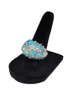 Estate Fossil Silver-Tone Pave Multi-Blue & Clear Rhinestone Dome Ring - Size 8